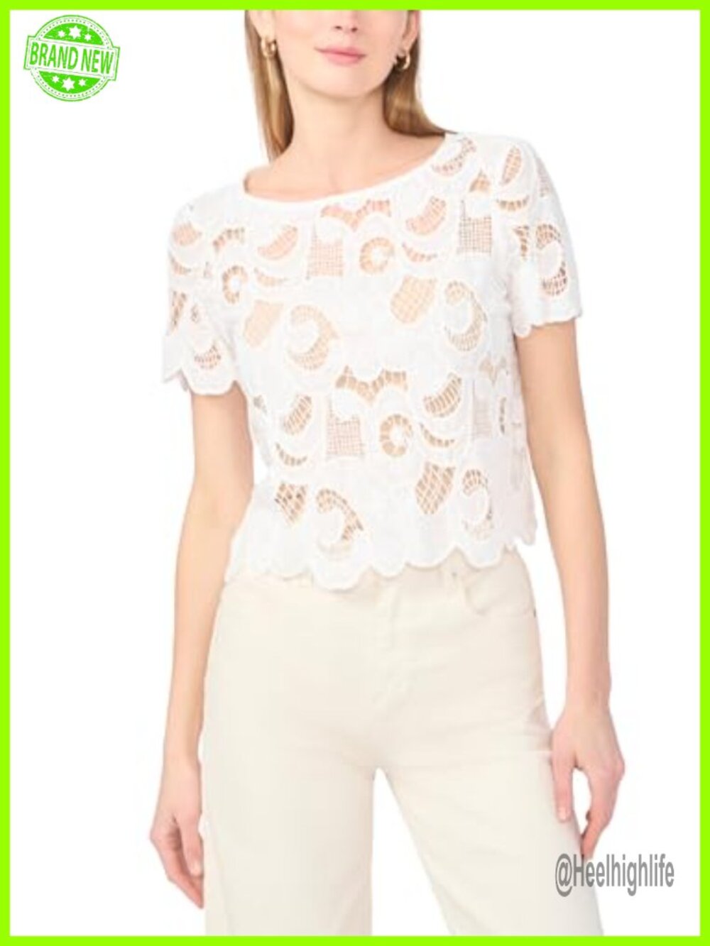 Crochet Short Sleeve Top Square Neck Lightweight Breathable Woven